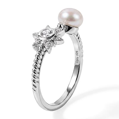 D'Joy AAA Apatite, Fresh Water Pearl and Moissanite 1.65 ctw Set of 4 Ring in Rhodium Over Sterling Silver (Size 7.0)