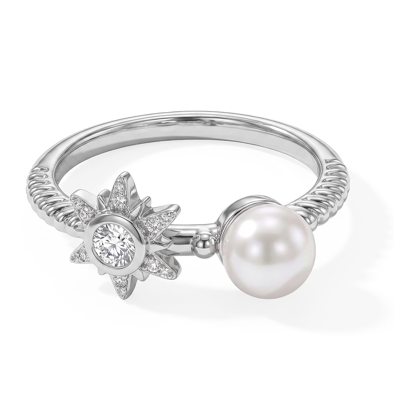 D'Joy AAA Apatite, Fresh Water Pearl and Moissanite 1.65 ctw Set of 4 Ring in Rhodium Over Sterling Silver (Size 7.0)