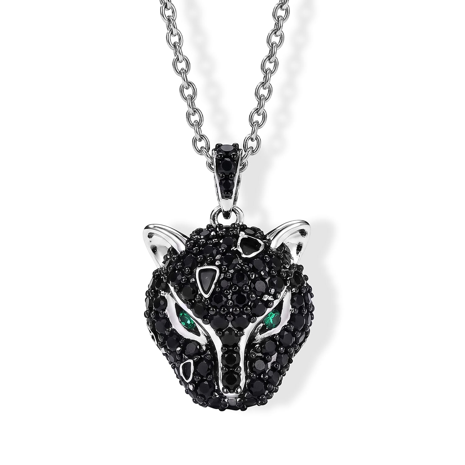 EverTrue Thai Black Spinel and Simulated Green Diamond 1.20 ctw Leopard Pendant in Dualtone with Stainless Steel Necklace 20 Inches