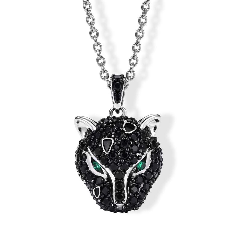 EverTrue Thai Black Spinel and Simulated Green Diamond 1.20 ctw Leopard Pendant in Dualtone with Stainless Steel Necklace 20 Inches