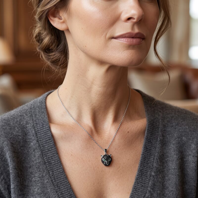 EverTrue Thai Black Spinel and Simulated Green Diamond 1.20 ctw Leopard Pendant in Dualtone with Stainless Steel Necklace 20 Inches