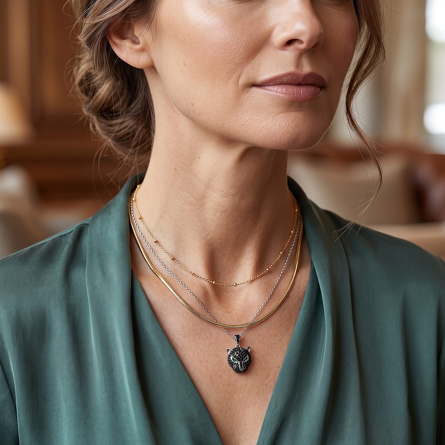 EverTrue Thai Black Spinel and Simulated Green Diamond 1.20 ctw Leopard Pendant in Dualtone with Stainless Steel Necklace 20 Inches