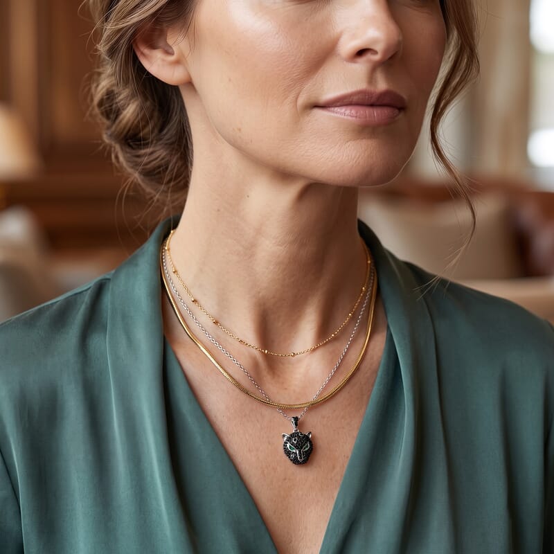 EverTrue Thai Black Spinel and Simulated Green Diamond 1.20 ctw Leopard Pendant in Dualtone with Stainless Steel Necklace 20 Inches