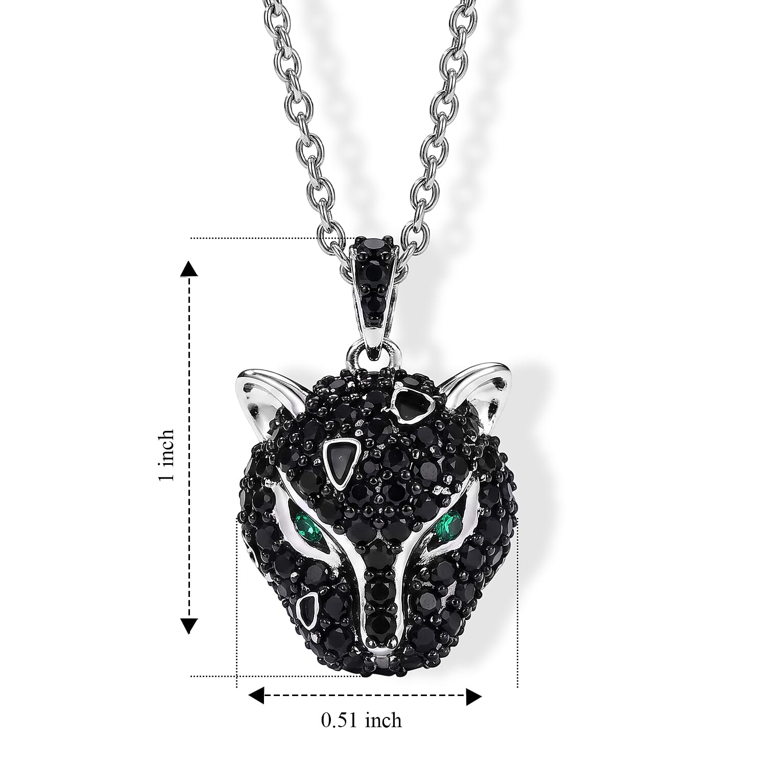 EverTrue Thai Black Spinel and Simulated Green Diamond 1.20 ctw Leopard Pendant in Dualtone with Stainless Steel Necklace 20 Inches