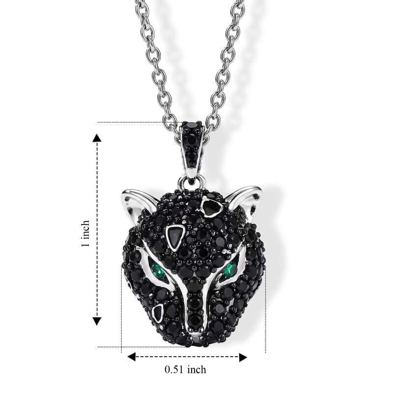 EverTrue Thai Black Spinel and Simulated Green Diamond 1.20 ctw Leopard Pendant in Dualtone with Stainless Steel Necklace 20 Inches