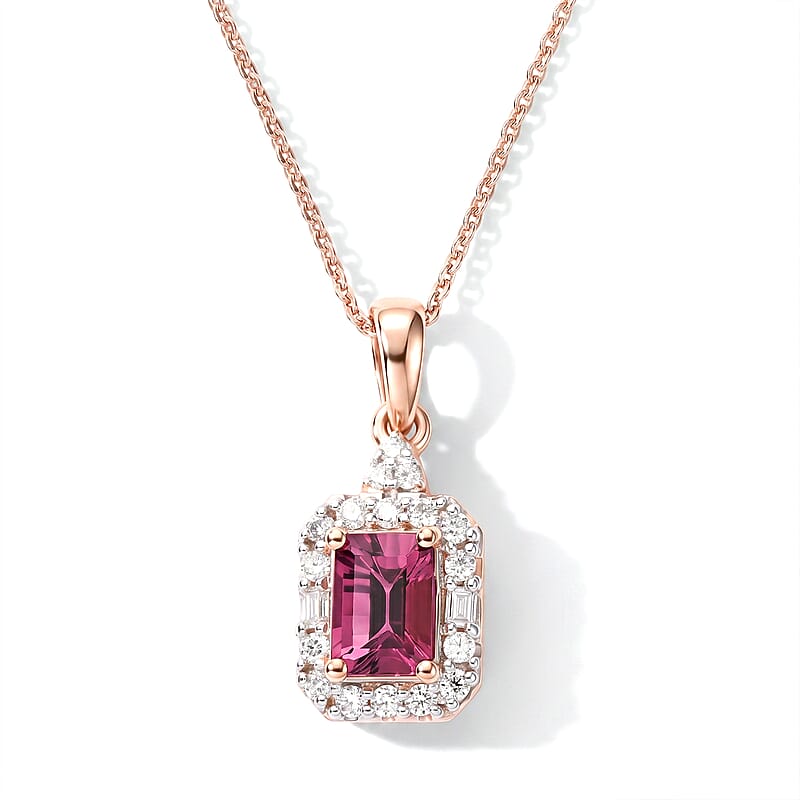 D'Joy Concave Cut Premium Tanzanian Raspberry Garnet and Moissanite 1.40 ctw Pendant Necklace in 18K Vermeil Rose Gold Over Sterling Silver 20 Inches