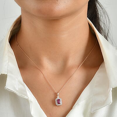 D'Joy Concave Cut Premium Tanzanian Raspberry Garnet and Moissanite 1.40 ctw Pendant Necklace in 18K Vermeil Rose Gold Over Sterling Silver 20 Inches