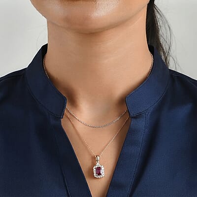 D'Joy Concave Cut Premium Tanzanian Raspberry Garnet and Moissanite 1.40 ctw Pendant Necklace in 18K Vermeil Rose Gold Over Sterling Silver 20 Inches