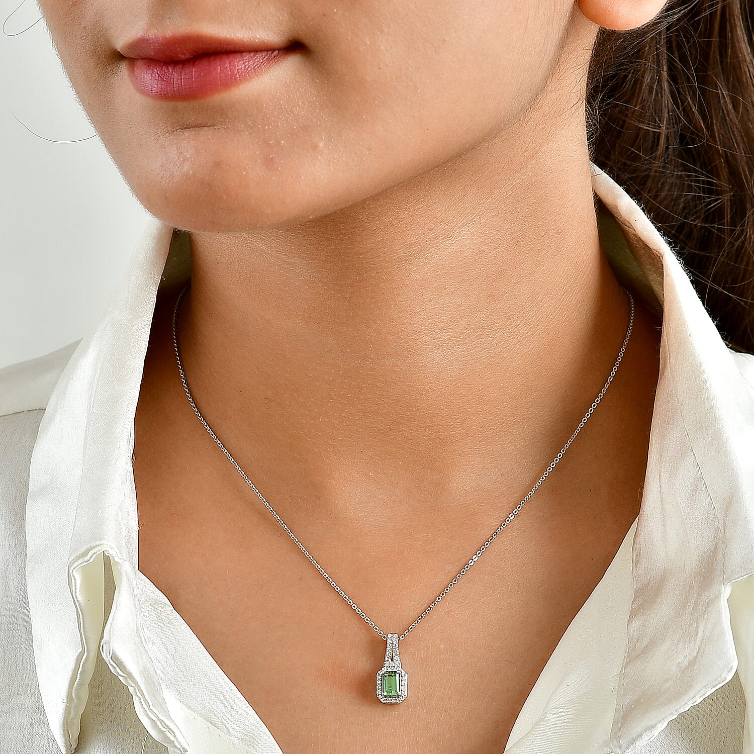 D'Joy AAA Mint Tourmaline and Moissanite 0.80 ctw Pendant Necklace in Rhodium Over Sterling Silver 20 Inches