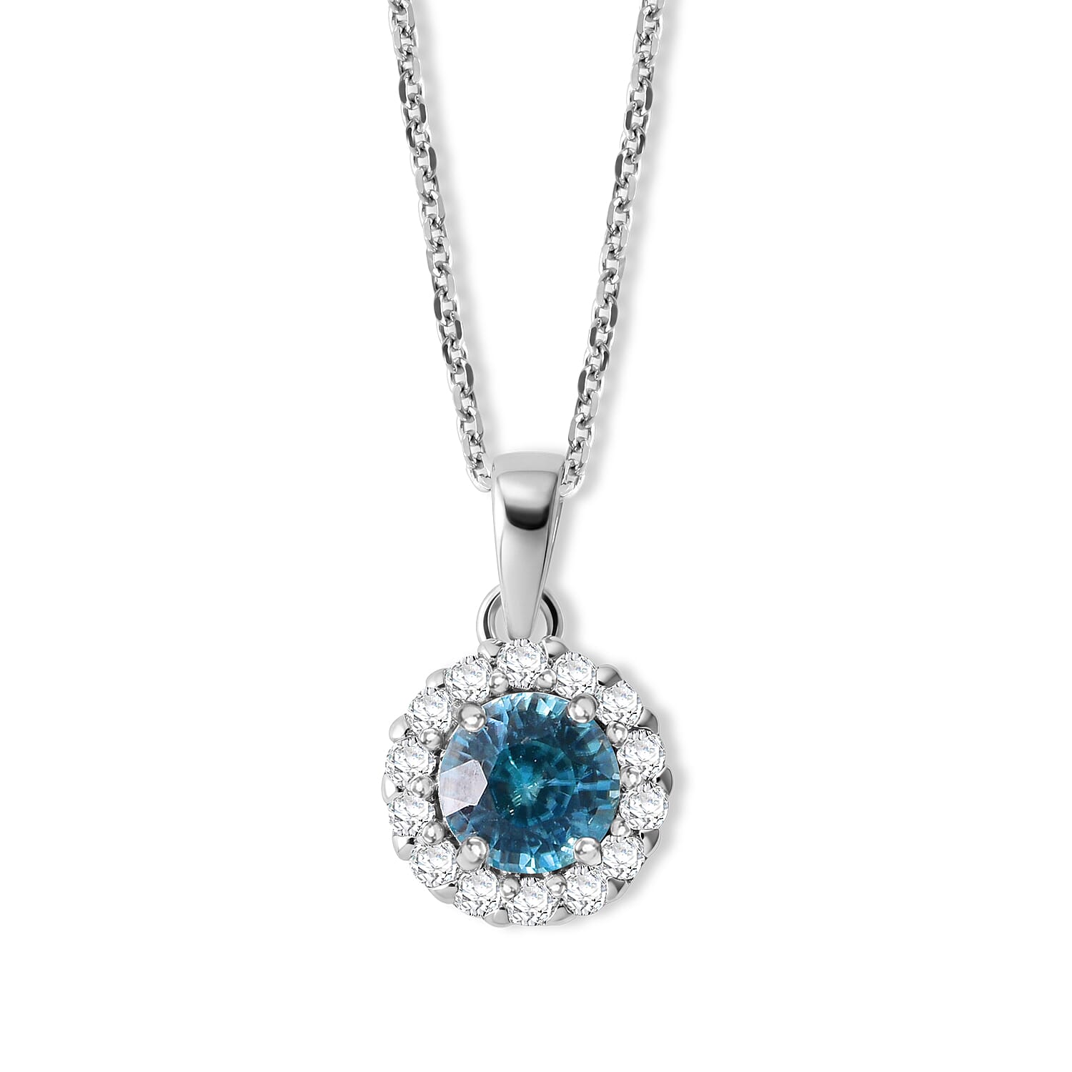 D''Joy Premium Cambodian Blue Zircon, White Zircon Pendant Necklace (20 Inches) in Rhodium Over Sterling Silver 1.35 ctw