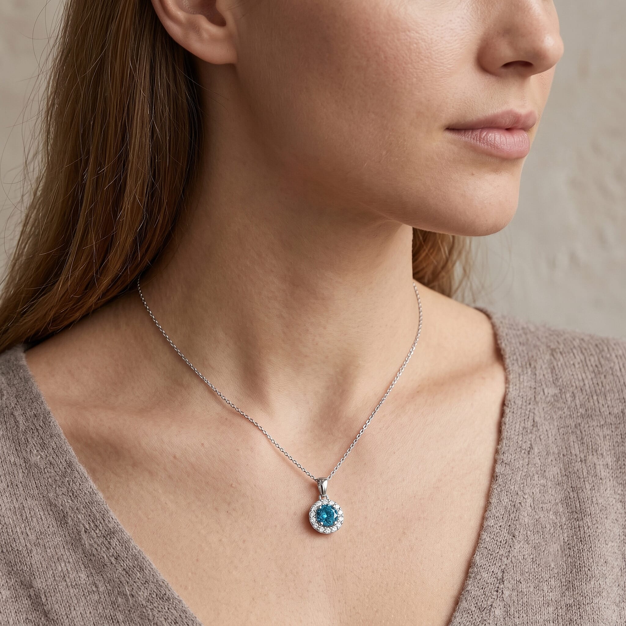D''Joy Premium Cambodian Blue Zircon, White Zircon Pendant Necklace (20 Inches) in Rhodium Over Sterling Silver 1.35 ctw