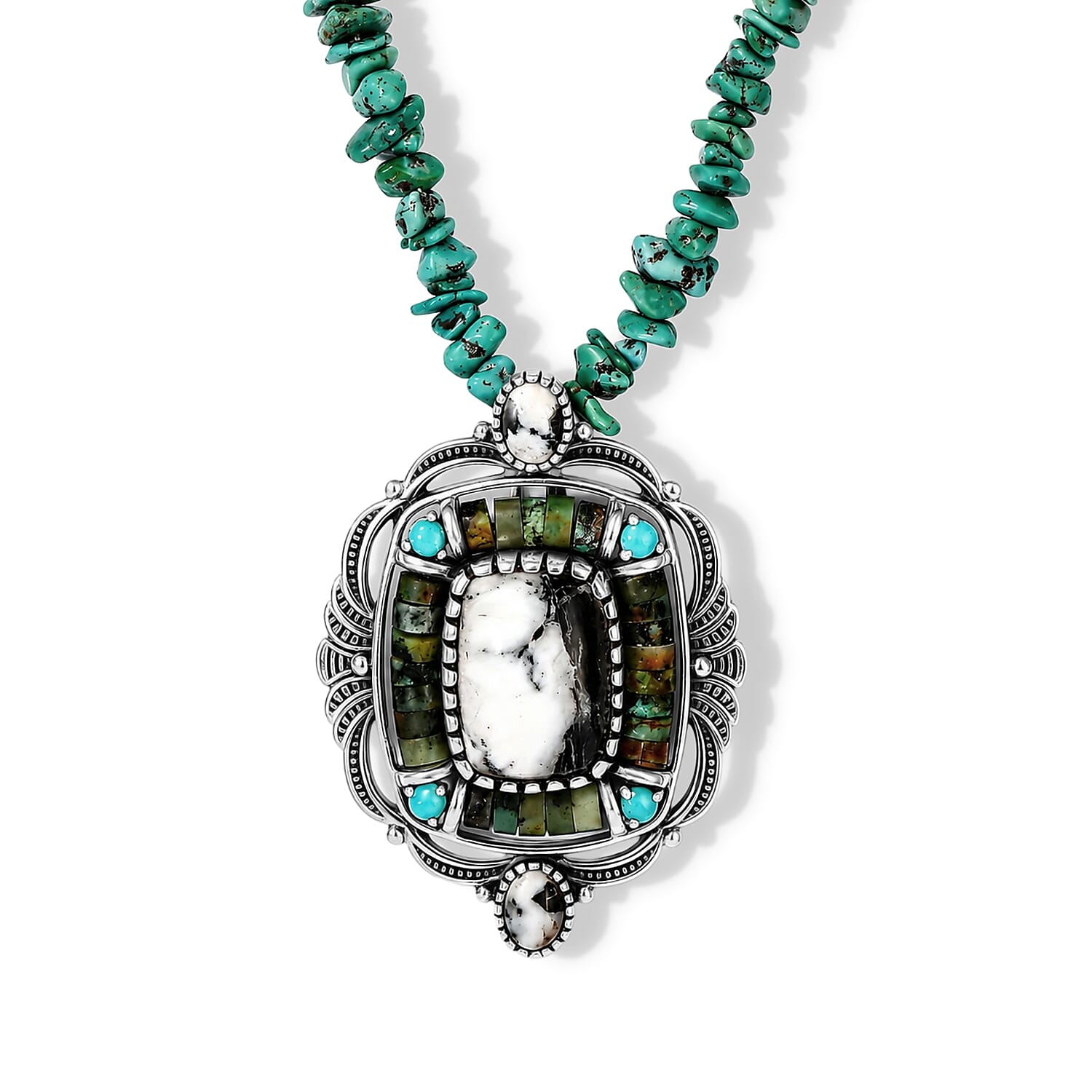 D''Joy Premium White Buffalo and Multi Gemstone Pendant 35.90 ctw with Beaded Necklace in Sterling Silver 20 Inches