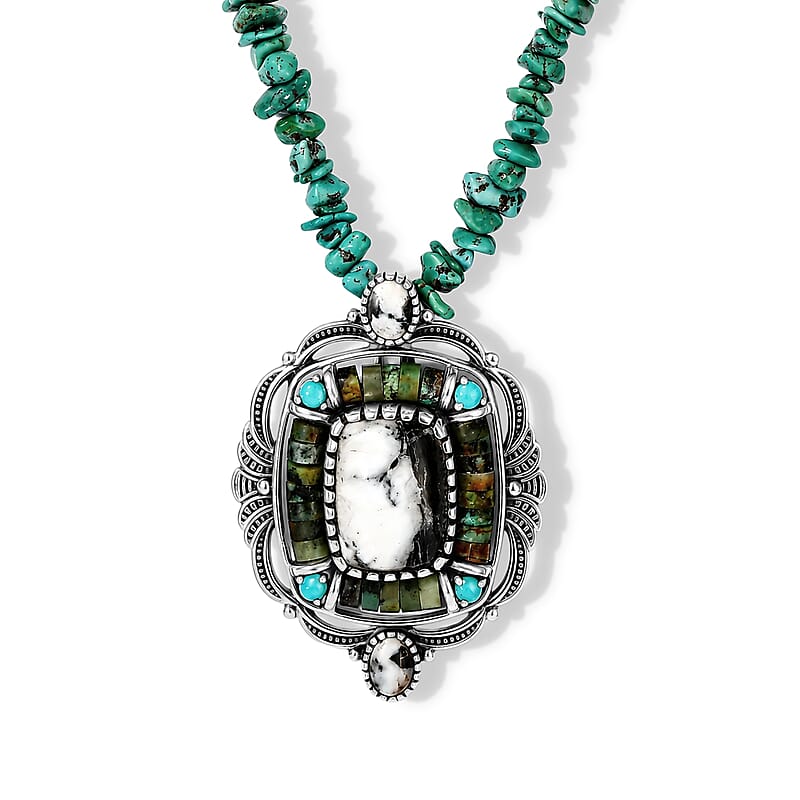 D'Joy Premium White Buffalo and Multi Gemstone Pendant 35.90 ctw with Beaded Necklace in Sterling Silver 20 Inches