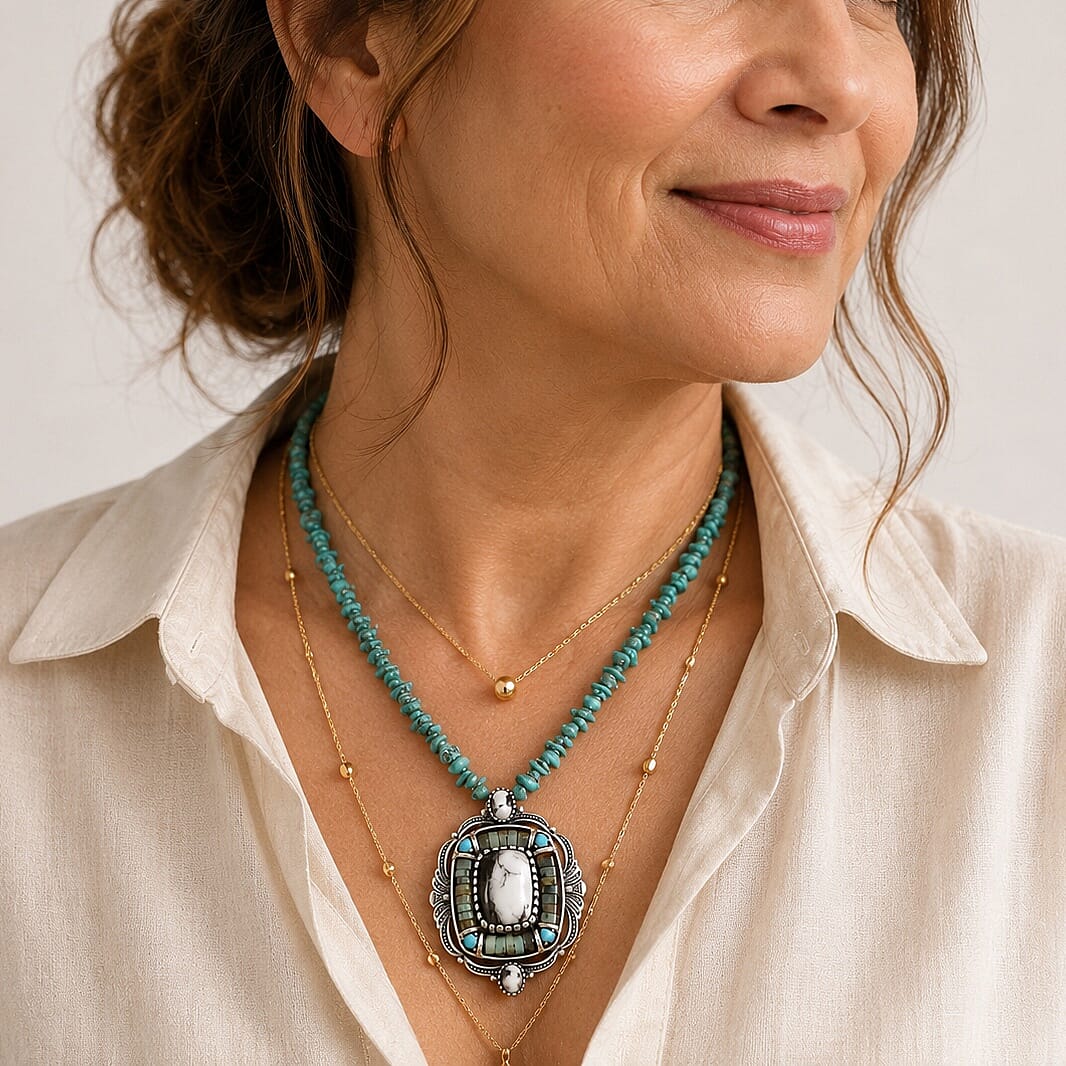 D'Joy Premium White Buffalo and Multi Gemstone Pendant 35.90 ctw with Beaded Necklace in Sterling Silver 20 Inches