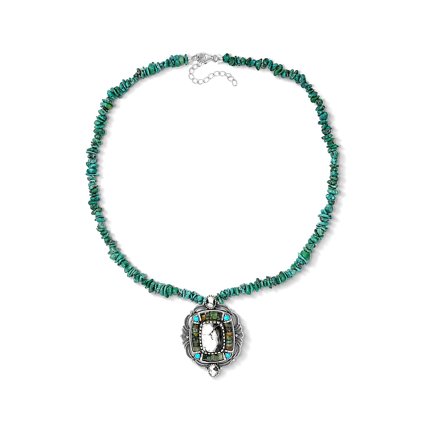 D'Joy Premium White Buffalo and Multi Gemstone Pendant 35.90 ctw with Beaded Necklace in Sterling Silver 20 Inches