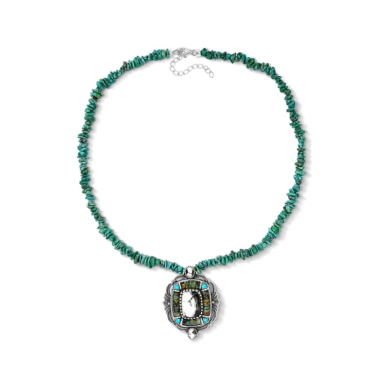 D'Joy Premium White Buffalo and Multi Gemstone Desert Treasure Pendant 25.90 ctw with Beaded Necklace in Sterling Silver 20 Inches