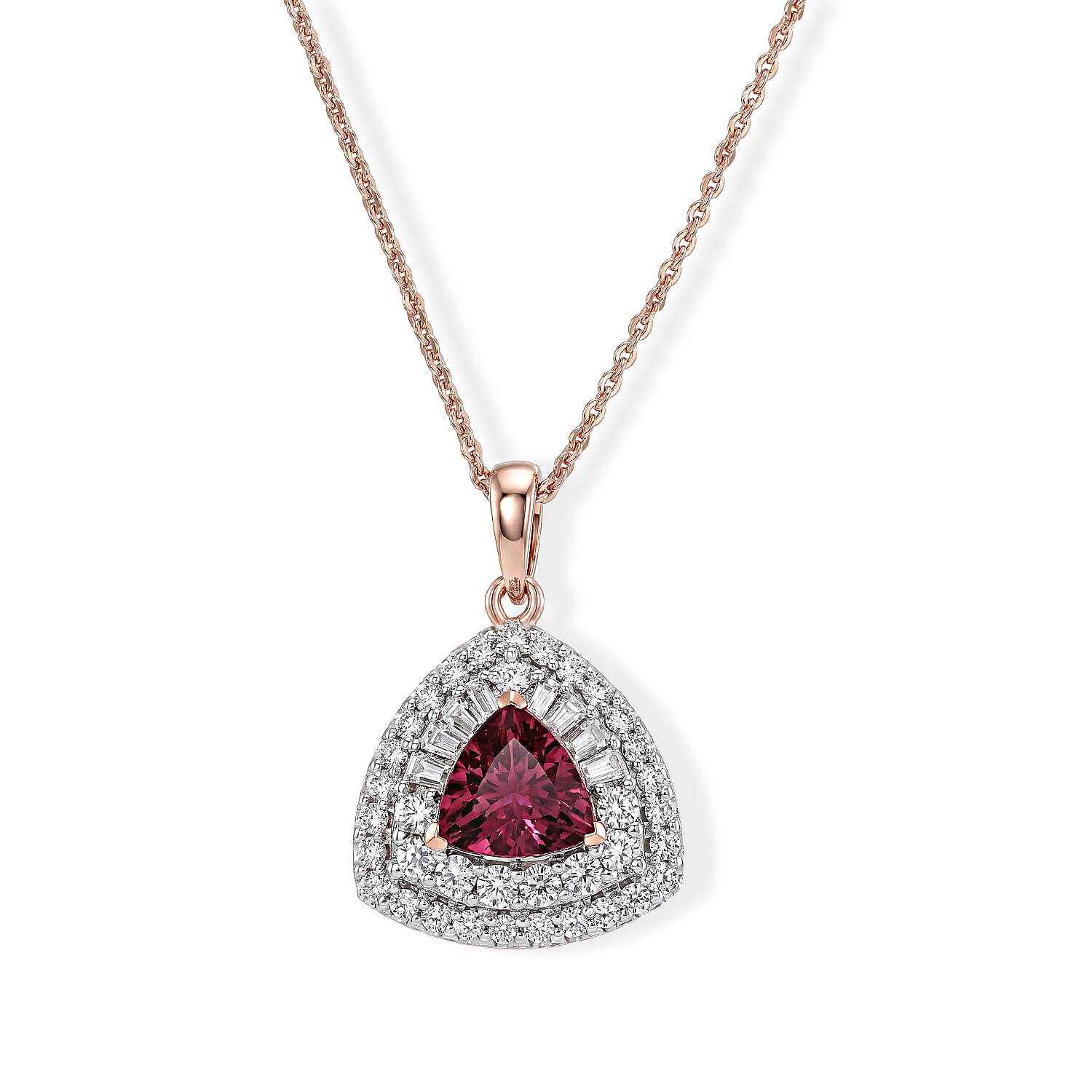 D'Joy Premium Usambara Color Change Garnet and Moissanite 2.20 ctw Pendant Necklace in 18K Vermeil Rose Gold Over Sterling Silver 18 Inches