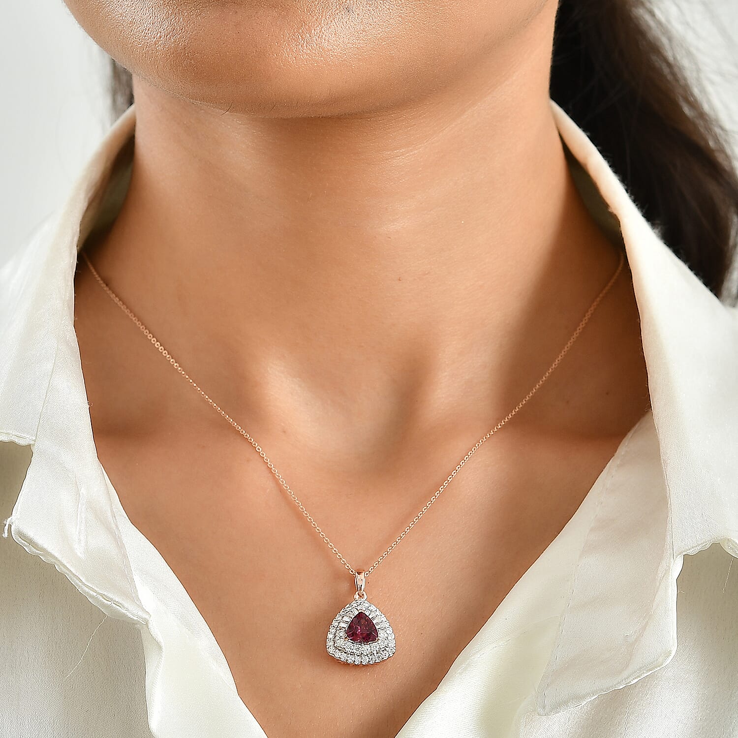 D'Joy Premium Usambara Color Change Garnet and Moissanite 2.20 ctw Pendant Necklace in 18K Vermeil Rose Gold Over Sterling Silver 18 Inches