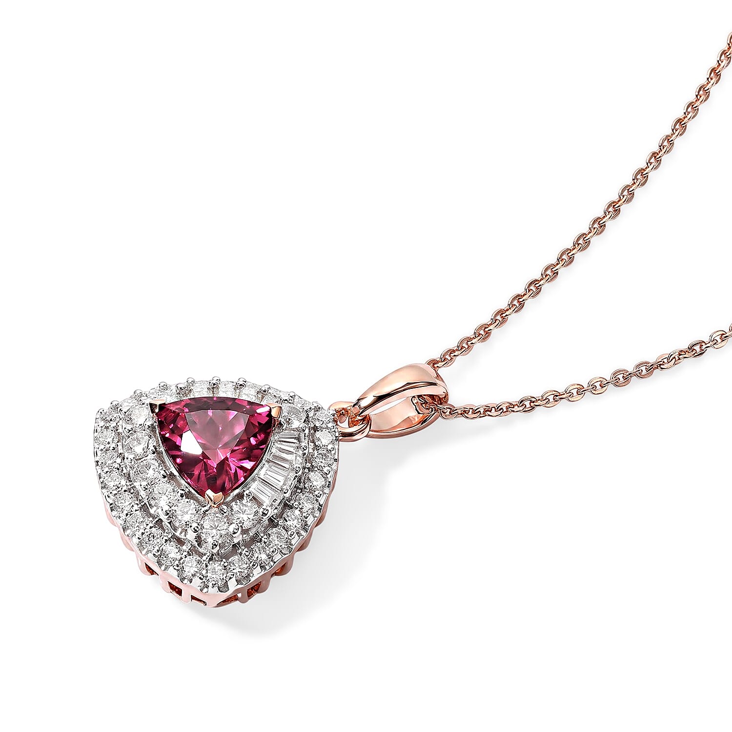 D'Joy Premium Usambara Color Change Garnet and Moissanite 2.20 ctw Pendant Necklace in 18K Vermeil Rose Gold Over Sterling Silver 18 Inches