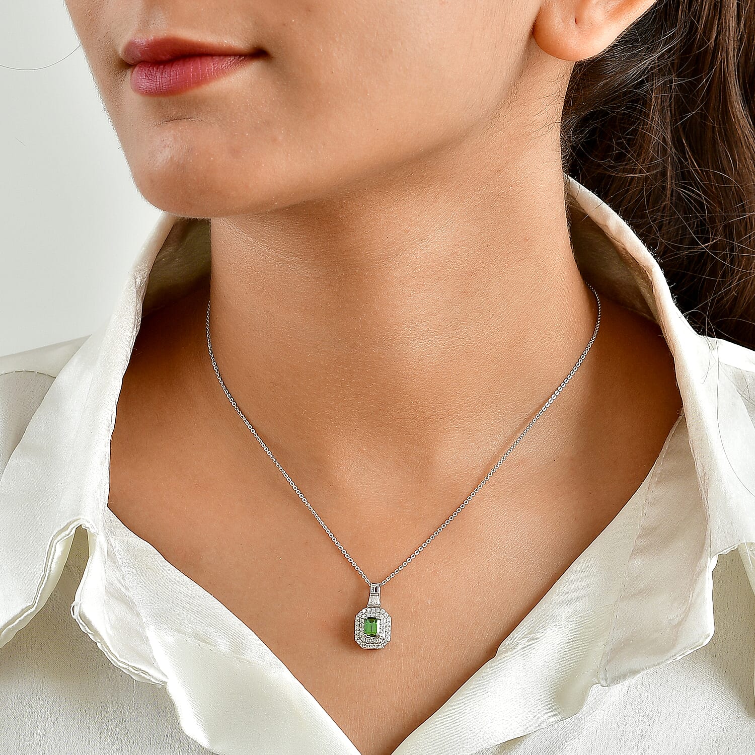 D'Joy AAA Mint Tourmaline and Moissanite 0.80 ctw Pendant Necklace in Rhodium Over Sterling Silver 20 Inches