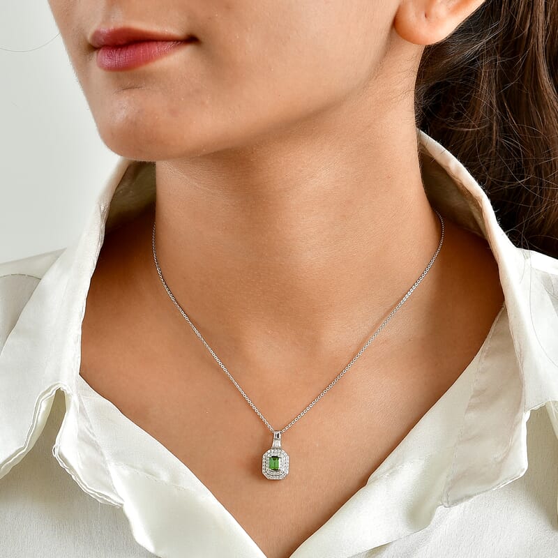 D'Joy AAA Arquiana Mint Tourmaline and Moissanite 0.80 ctw Art Deco Elegance Pendant Necklace in Rhodium Over Sterling Silver 20 Inches