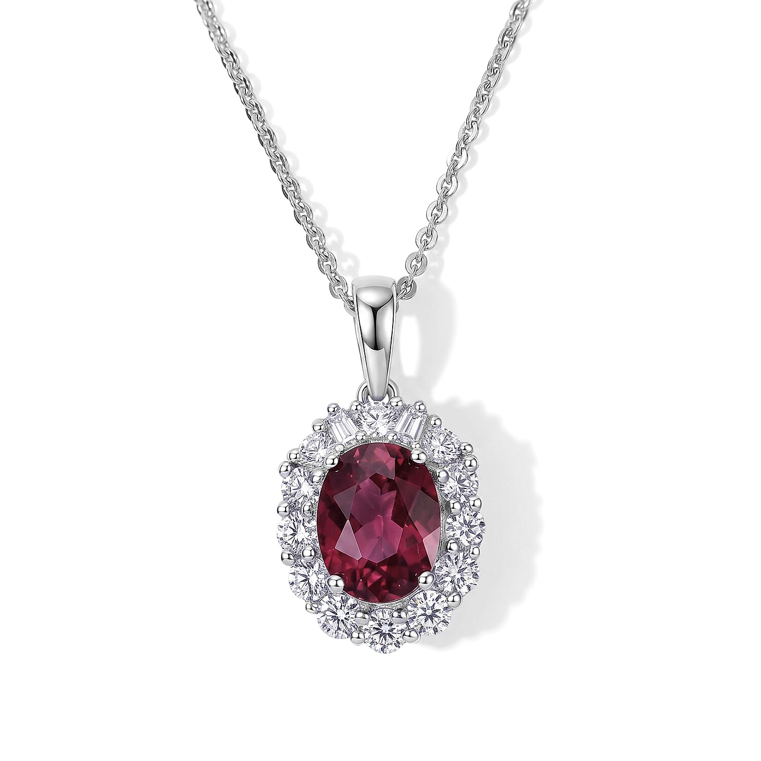 D'Joy Premium Usambara Color Change Garnet and Moissanite 2.10 ctw Pendant Necklace in Rhodium Over Sterling Silver 18 Inches