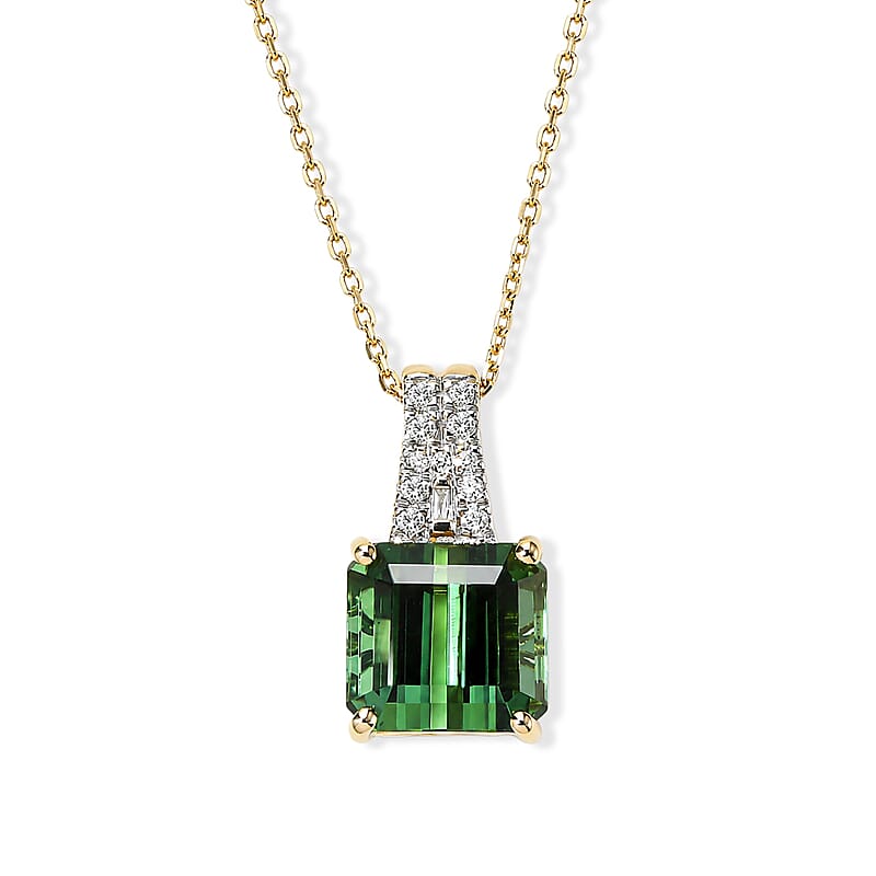 Luxoro AAA Sapo Green Tourmaline and Diamond I2 3.10 ctw Pendant Necklace in 10K Yellow Gold 20 Inches