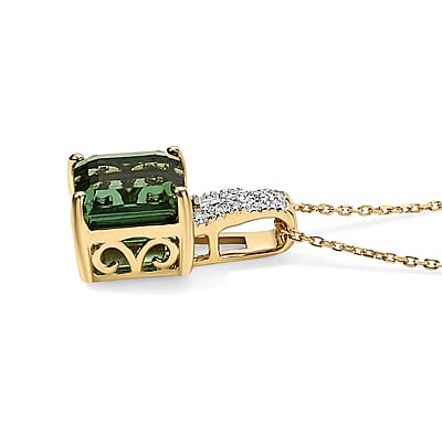 Luxoro AAA Sapo Green Tourmaline and Diamond I2 3.10 ctw Pendant Necklace in 10K Yellow Gold 20 Inches
