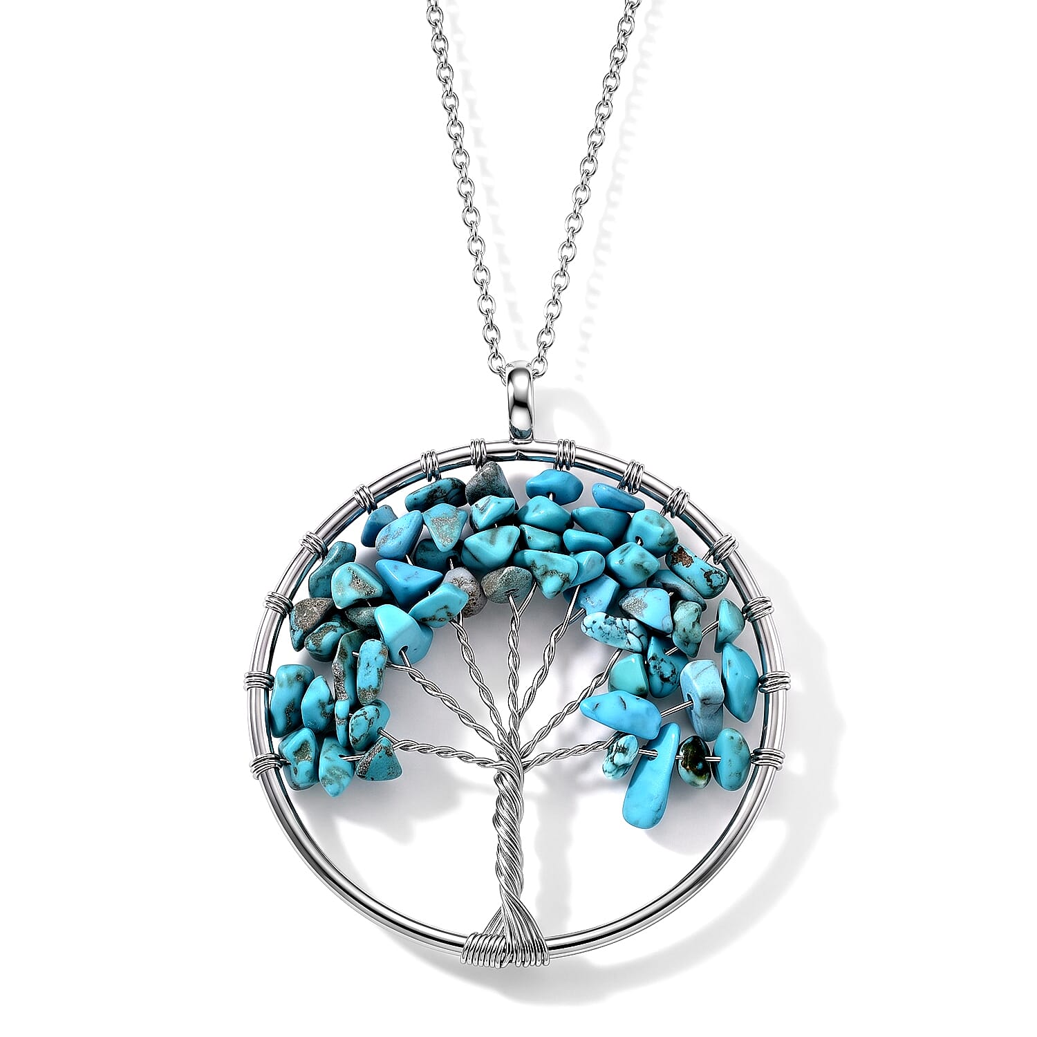 Blue Howlite and Glass 43.00 ctw Mirror and Tree of Life Pendant Necklace in Silvertone 20-22 Inches