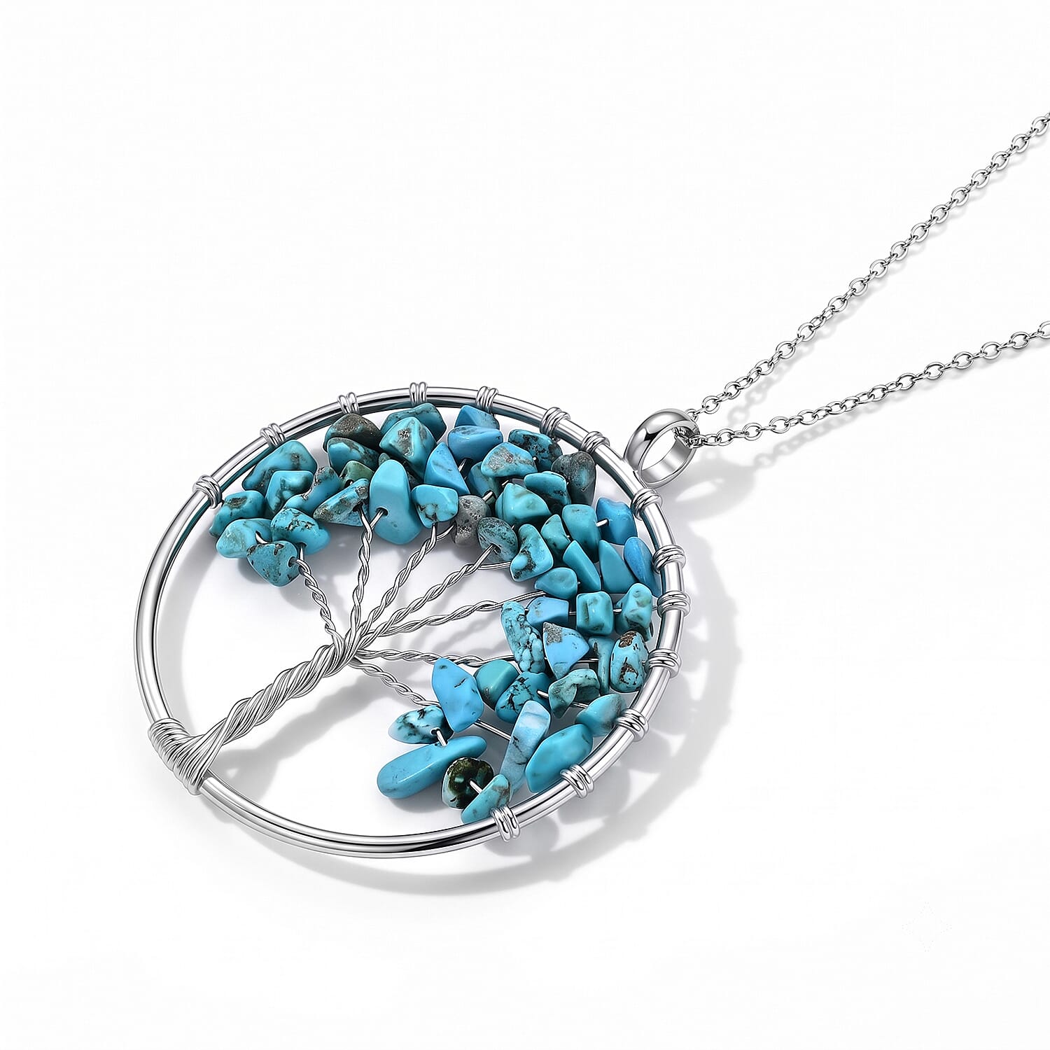 Blue Howlite and Glass 43.00 ctw Mirror and Tree of Life Pendant Necklace in Silvertone 20-22 Inches