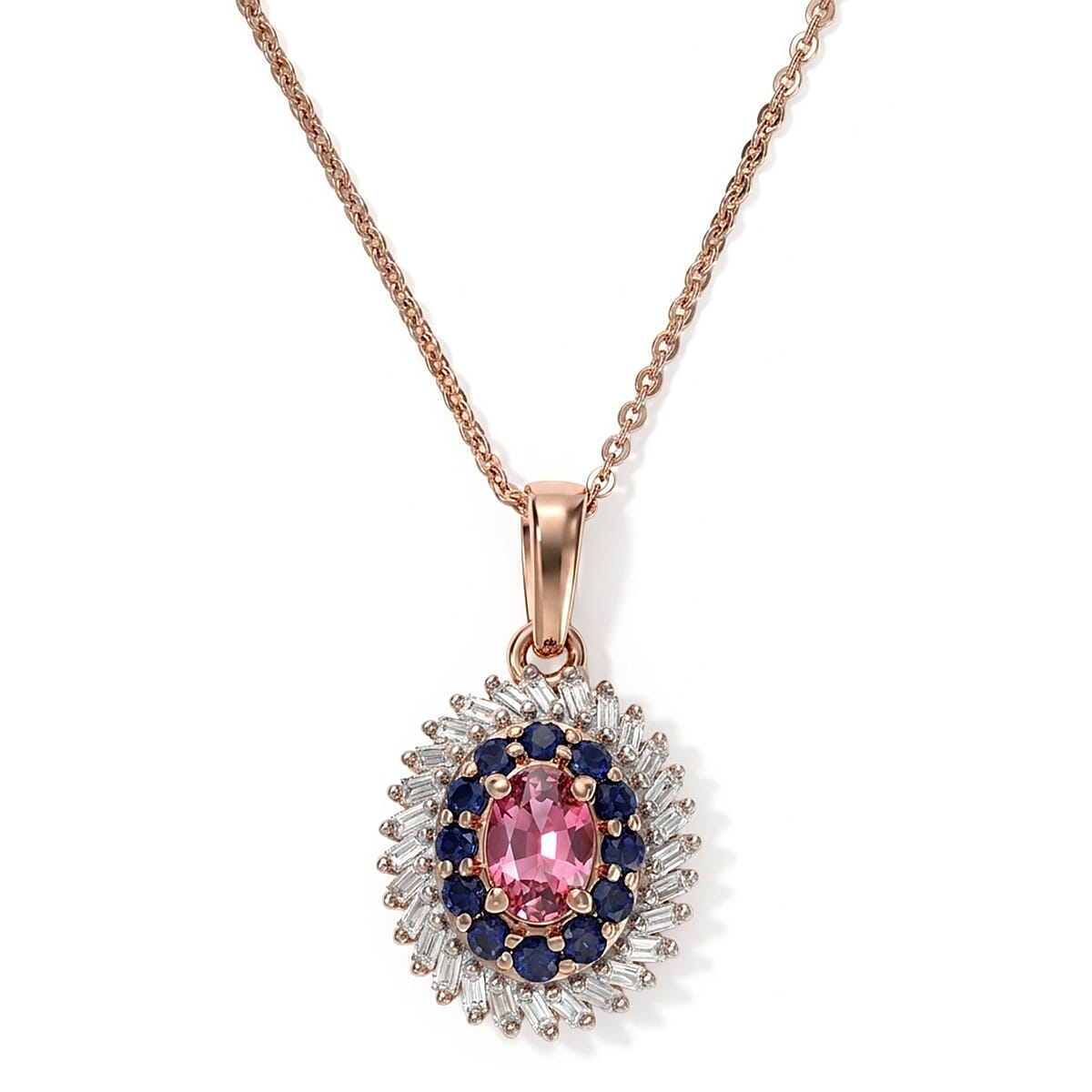 D'Joy Premium Pink Tourmaline, Kanchanaburi Blue Sapphire and Diamond 1.00 ctw Pendant Necklace in 18K Vermeil Rose Gold Over Sterling Silver 20 Inches