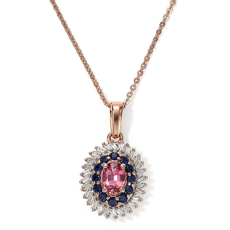 D'Joy Premium Pink Tourmaline, Kanchanaburi Blue Sapphire and Diamond 1.00 ctw Pendant Necklace in 18K Vermeil Rose Gold Over Sterling Silver 20 Inches
