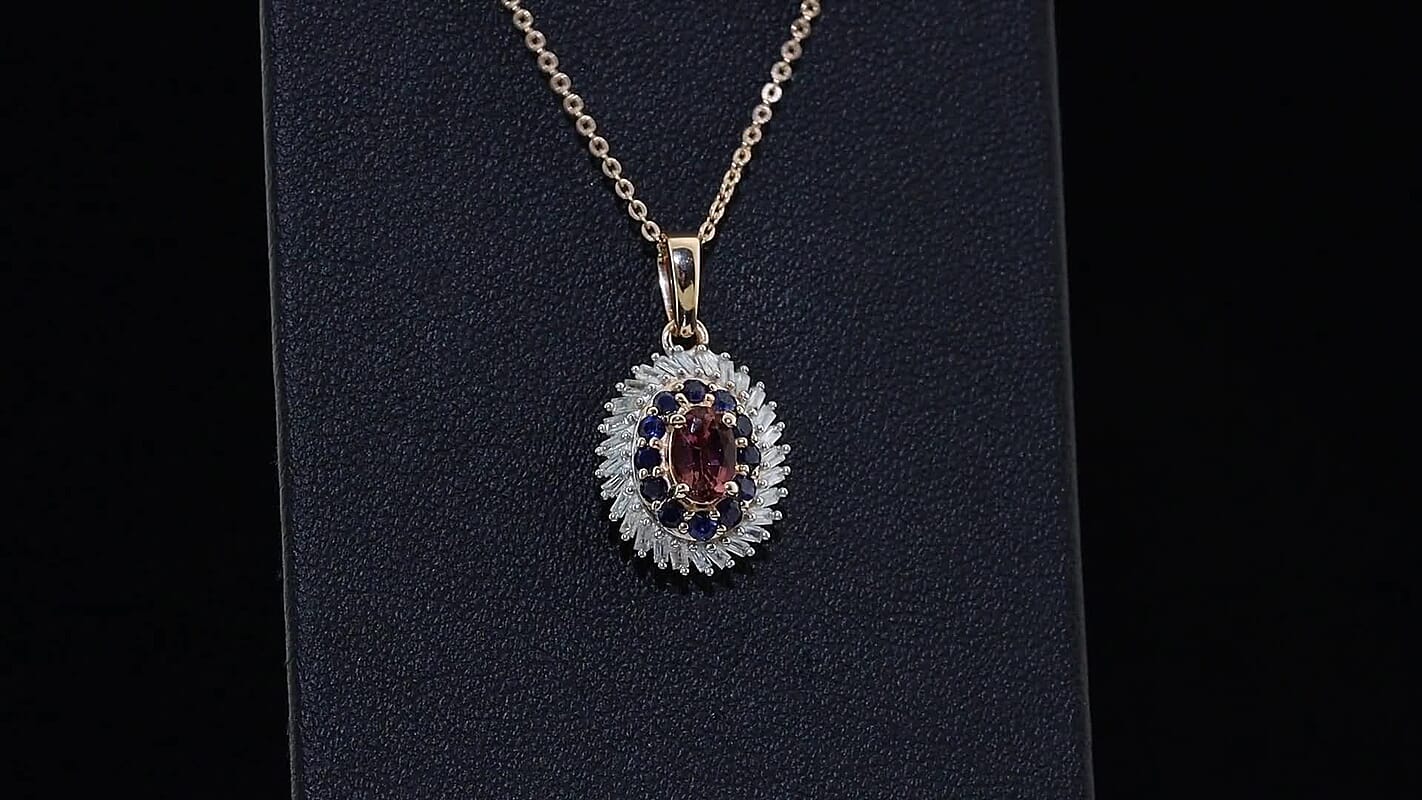 D''Joy Premium Pink Tourmaline, Kanchanaburi Blue Sapphire and Diamond 1.00 ctw Pendant Necklace in 18K Vermeil Rose Gold Over Sterling Silver 20 Inches