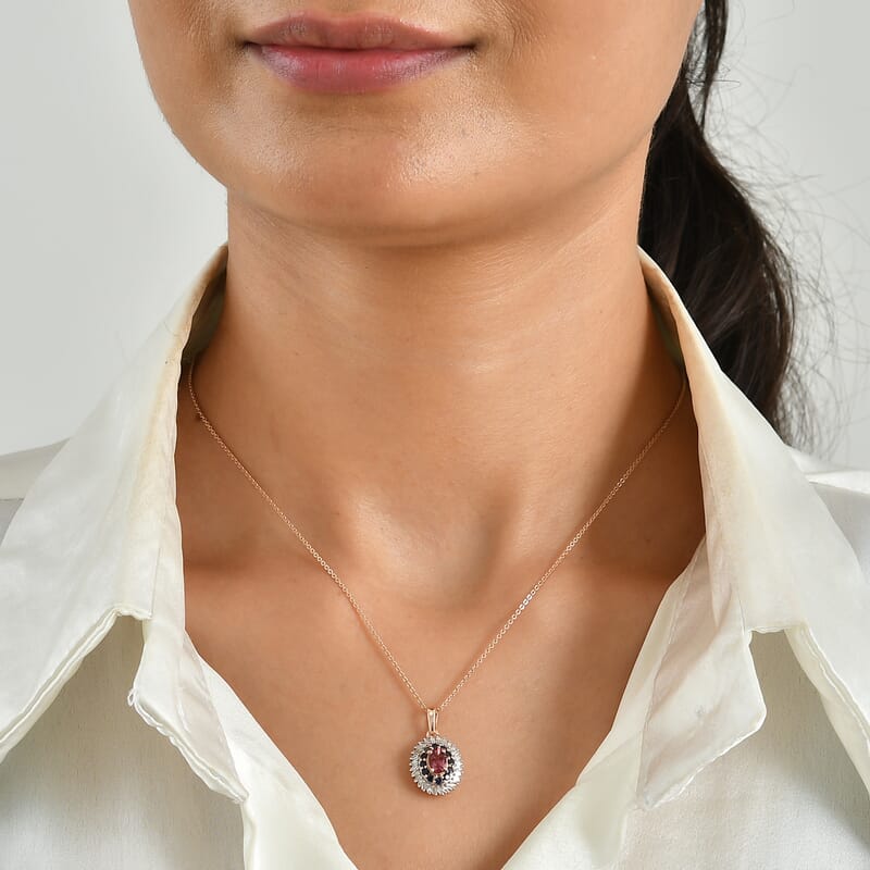 D'Joy Premium Morro Redondo Pink Tourmaline, Blue Sapphire and Diamond 1.00 ctw Vintage Ballerina Halo Pendant Necklace in 18K Vermeil Rose Gold Over Sterling Silver 20 Inches
