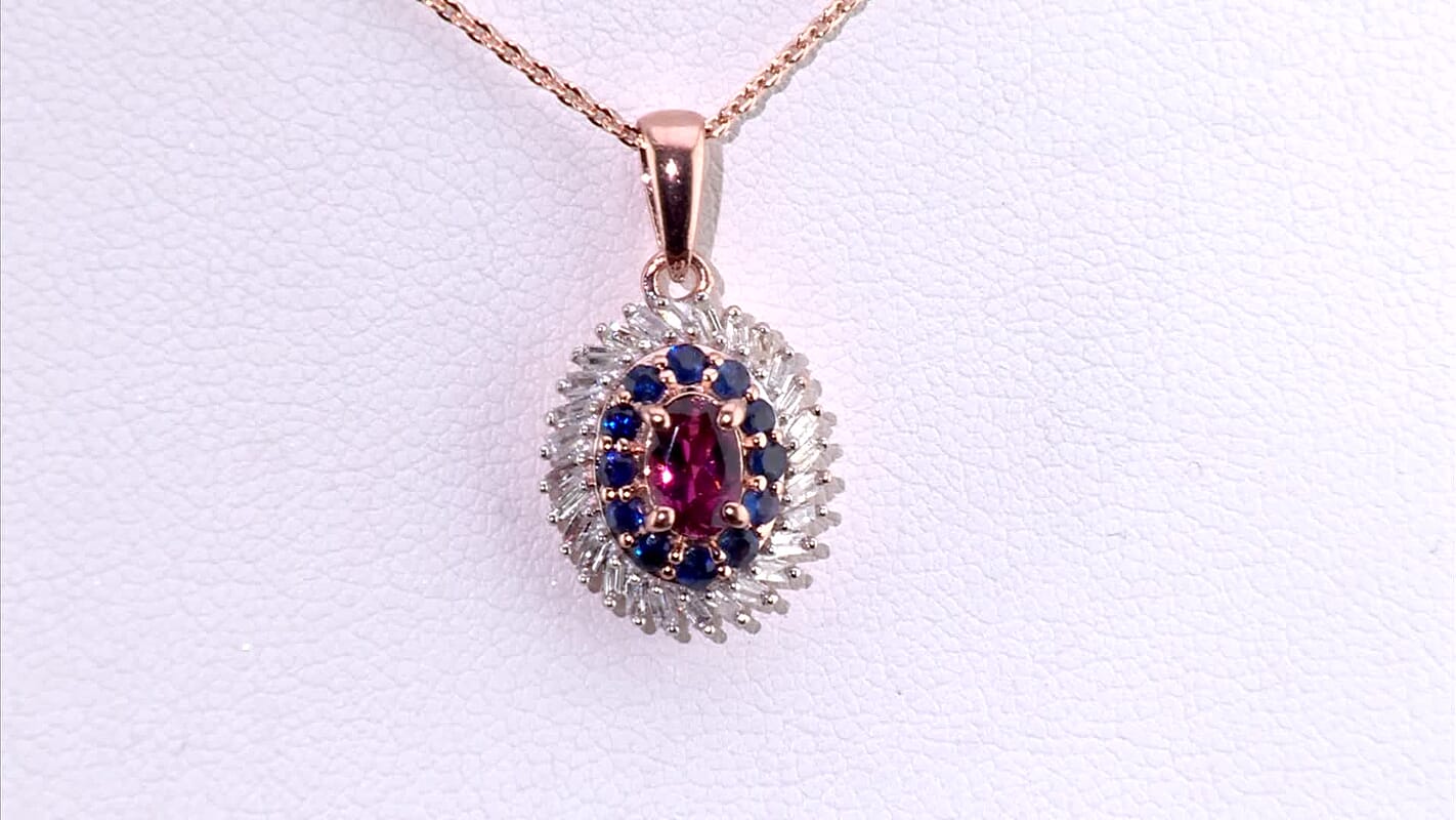 D''Joy Premium Pink Tourmaline, Kanchanaburi Blue Sapphire and Diamond 1.00 ctw Pendant Necklace in 18K Vermeil Rose Gold Over Sterling Silver 20 Inches