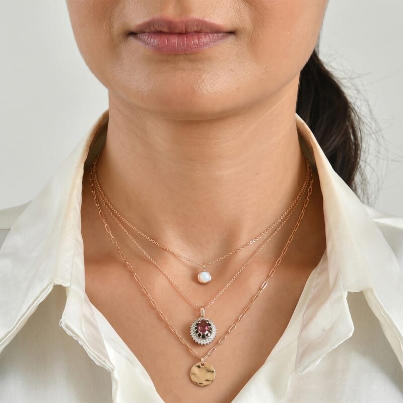 D'Joy Premium Morro Redondo Pink Tourmaline, Blue Sapphire and Diamond 1.00 ctw Vintage Ballerina Halo Pendant Necklace in 18K Vermeil Rose Gold Over Sterling Silver 20 Inches