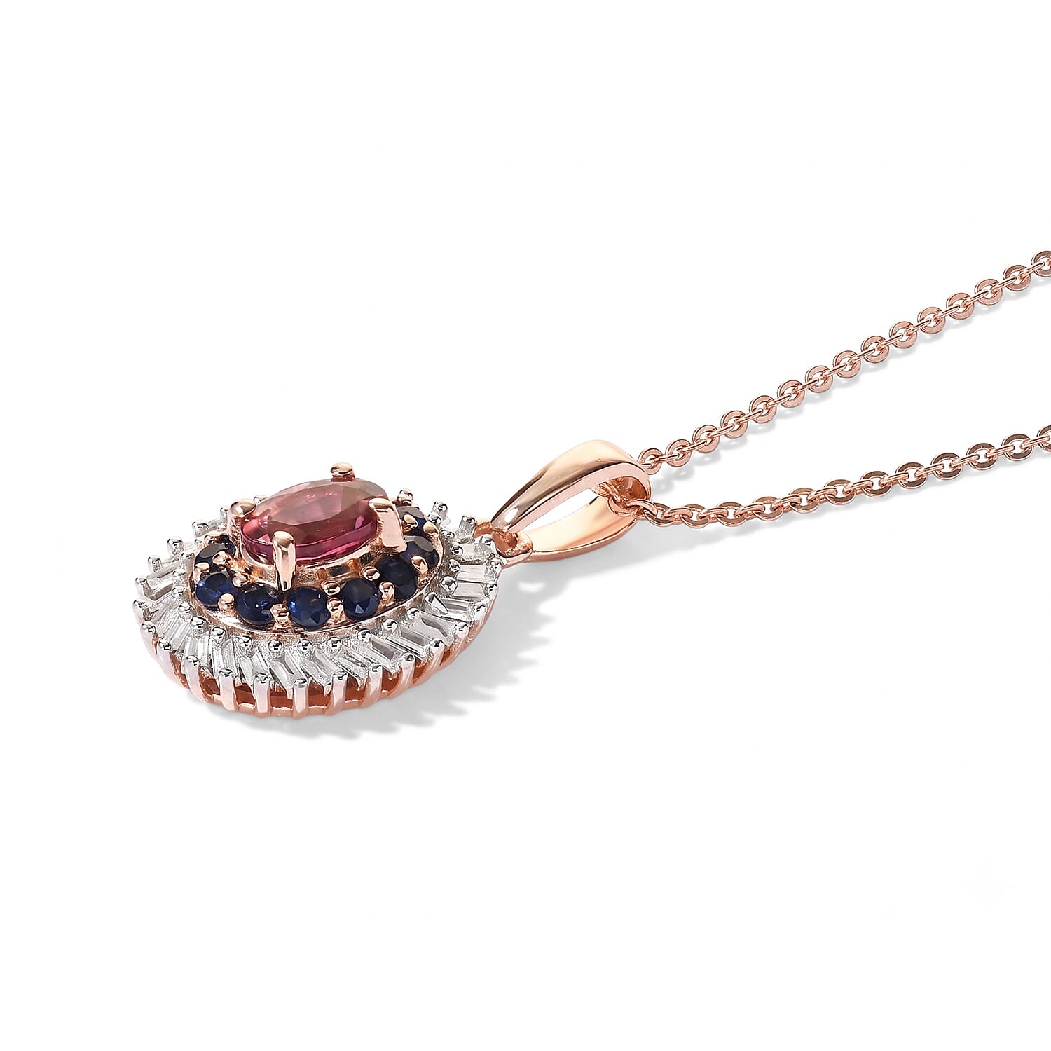 D'Joy Premium Morro Redondo Pink Tourmaline, Blue Sapphire and Diamond 1.00 ctw Vintage Ballerina Halo Pendant Necklace in 18K Vermeil Rose Gold Over Sterling Silver 20 Inches