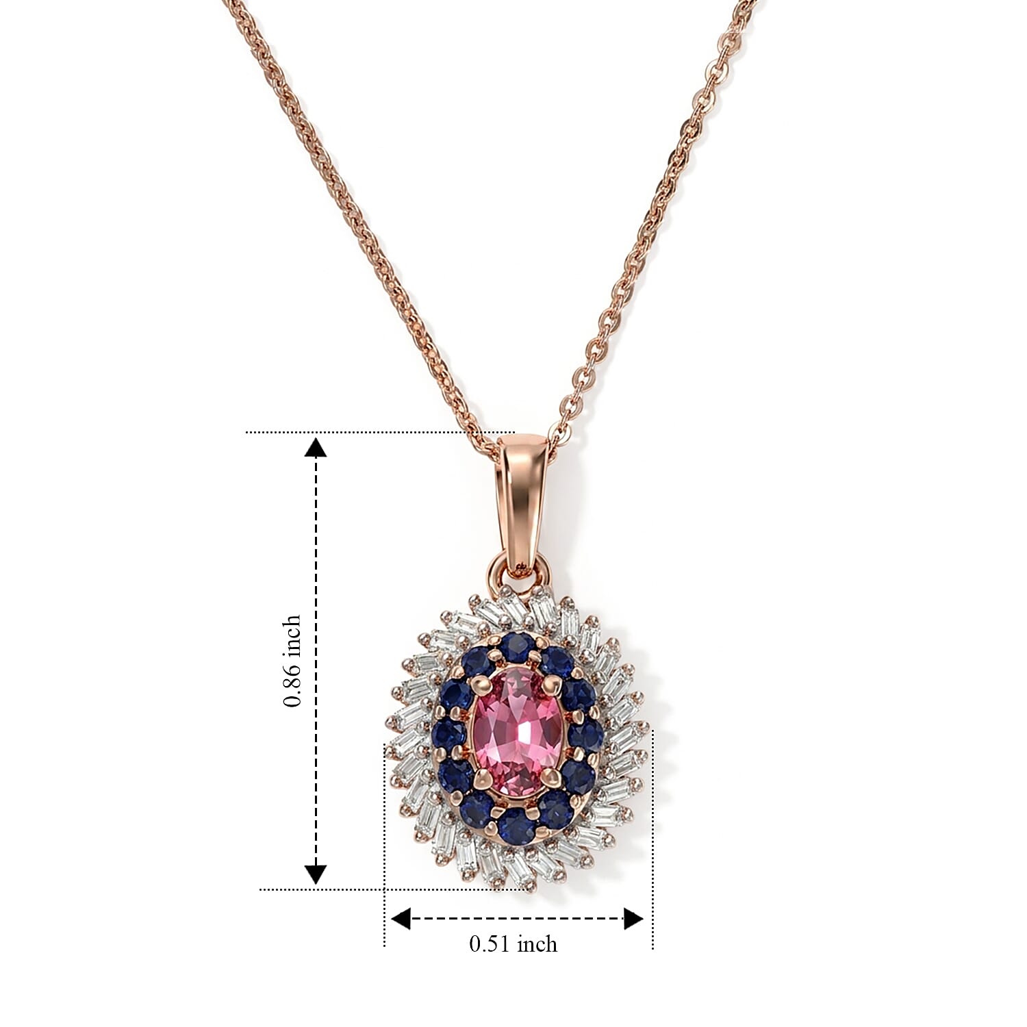 D'Joy Premium Morro Redondo Pink Tourmaline, Blue Sapphire and Diamond 1.00 ctw Vintage Ballerina Halo Pendant Necklace in 18K Vermeil Rose Gold Over Sterling Silver 20 Inches