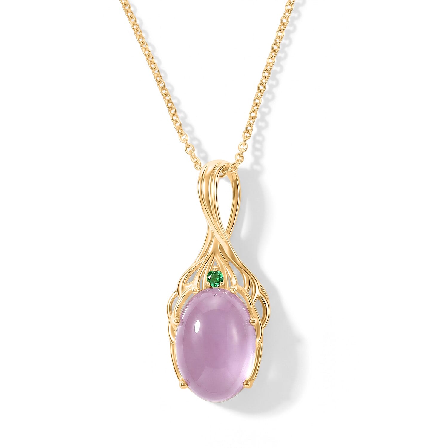 EverTrue Kunzite and Chrome Diopside 14.75 ctw Pendant in 18K YG Plated with ION Plated YG Stainless Steel Necklace 20 Inches