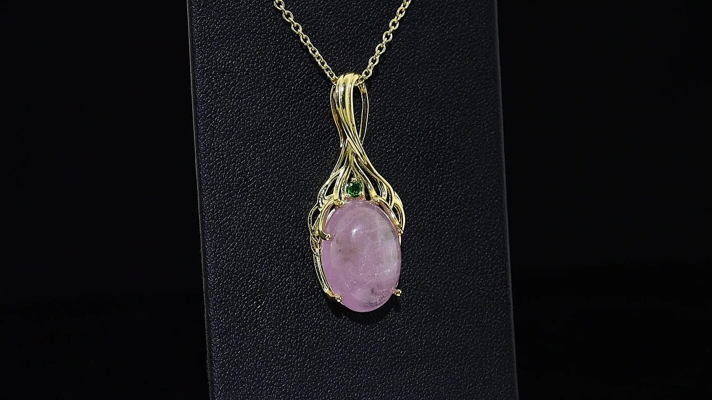 EverTrue Kunzite and Chrome Diopside 14.75 ctw Pendant in 18K YG Plated with ION Plated YG Stainless Steel Necklace 20 Inches