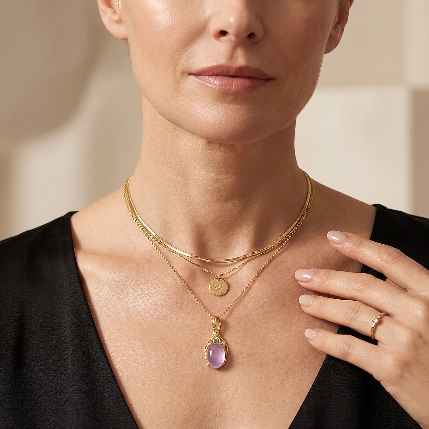 EverTrue Kunzite and Chrome Diopside 14.75 ctw Pendant in 18K YG Plated with ION Plated YG Stainless Steel Necklace 20 Inches