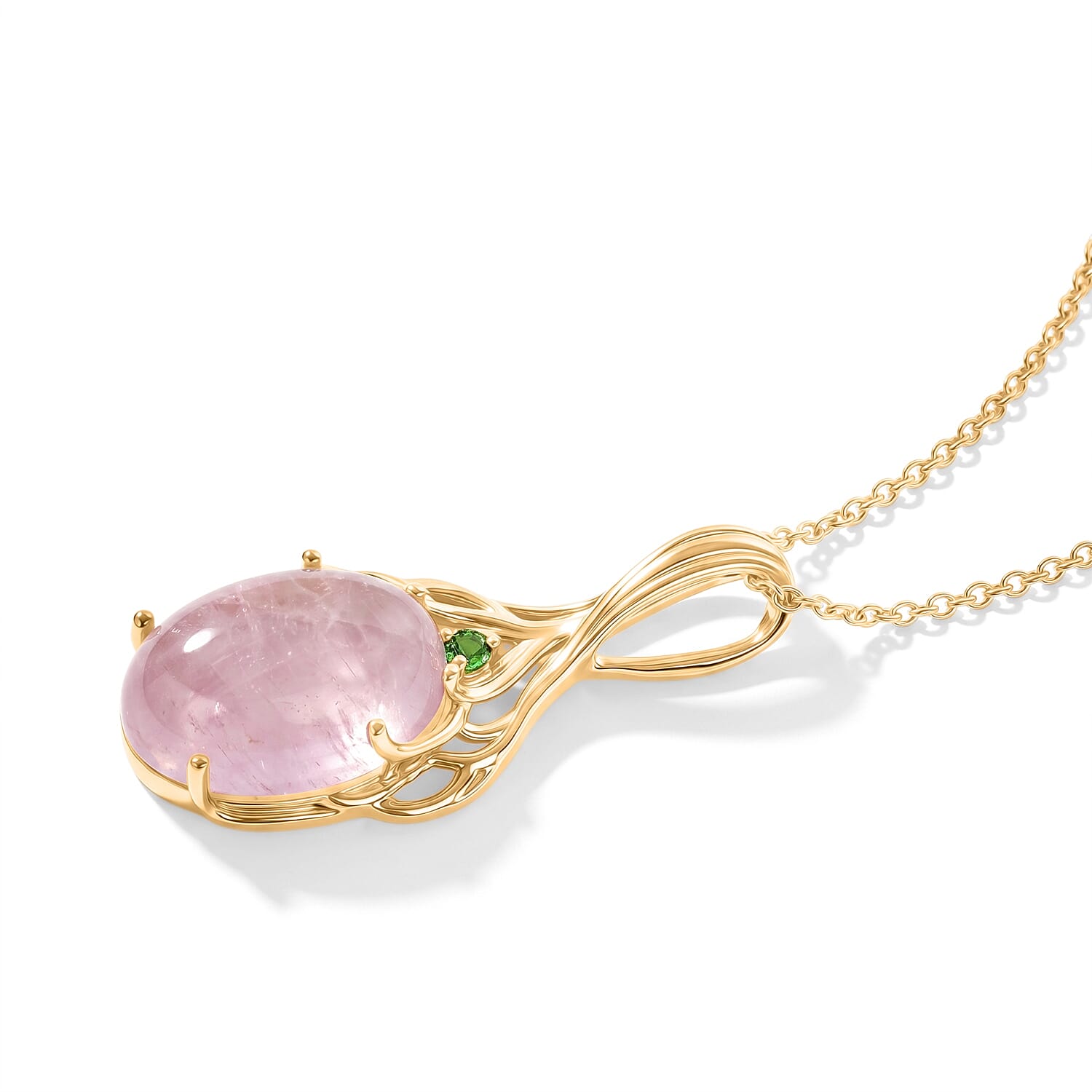 EverTrue Kunzite and Chrome Diopside 14.75 ctw Pendant in 18K YG Plated with ION Plated YG Stainless Steel Necklace 20 Inches