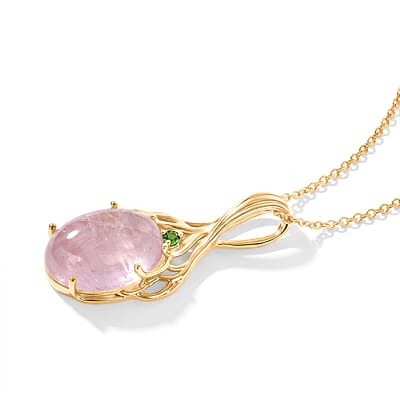 EverTrue Kunzite and Chrome Diopside 14.75 ctw Pendant in 18K YG Plated with ION Plated YG Stainless Steel Necklace 20 Inches