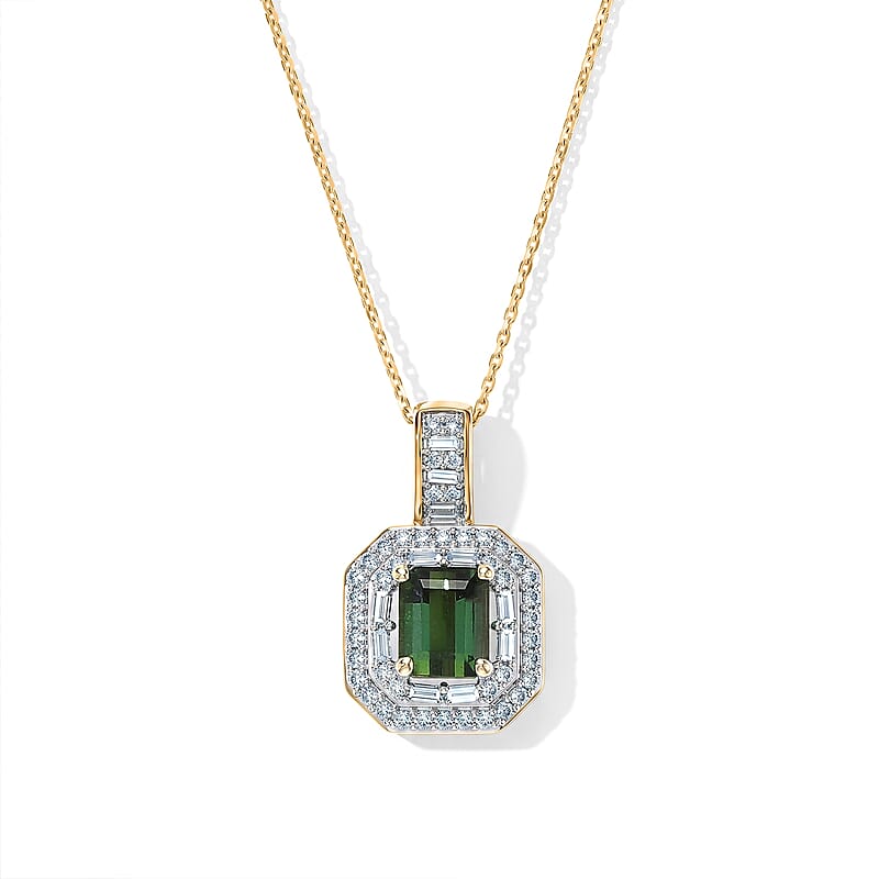 Luxoro AAA Sapo Green Tourmaline and Diamond I2 1.80 ctw Pendant Necklace in 10K Yellow Gold 20 Inches