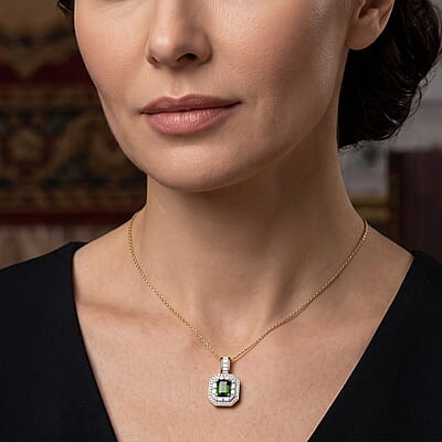 Luxoro AAA Sapo Green Tourmaline and Diamond I2 1.80 ctw Pendant Necklace in 10K Yellow Gold 20 Inches
