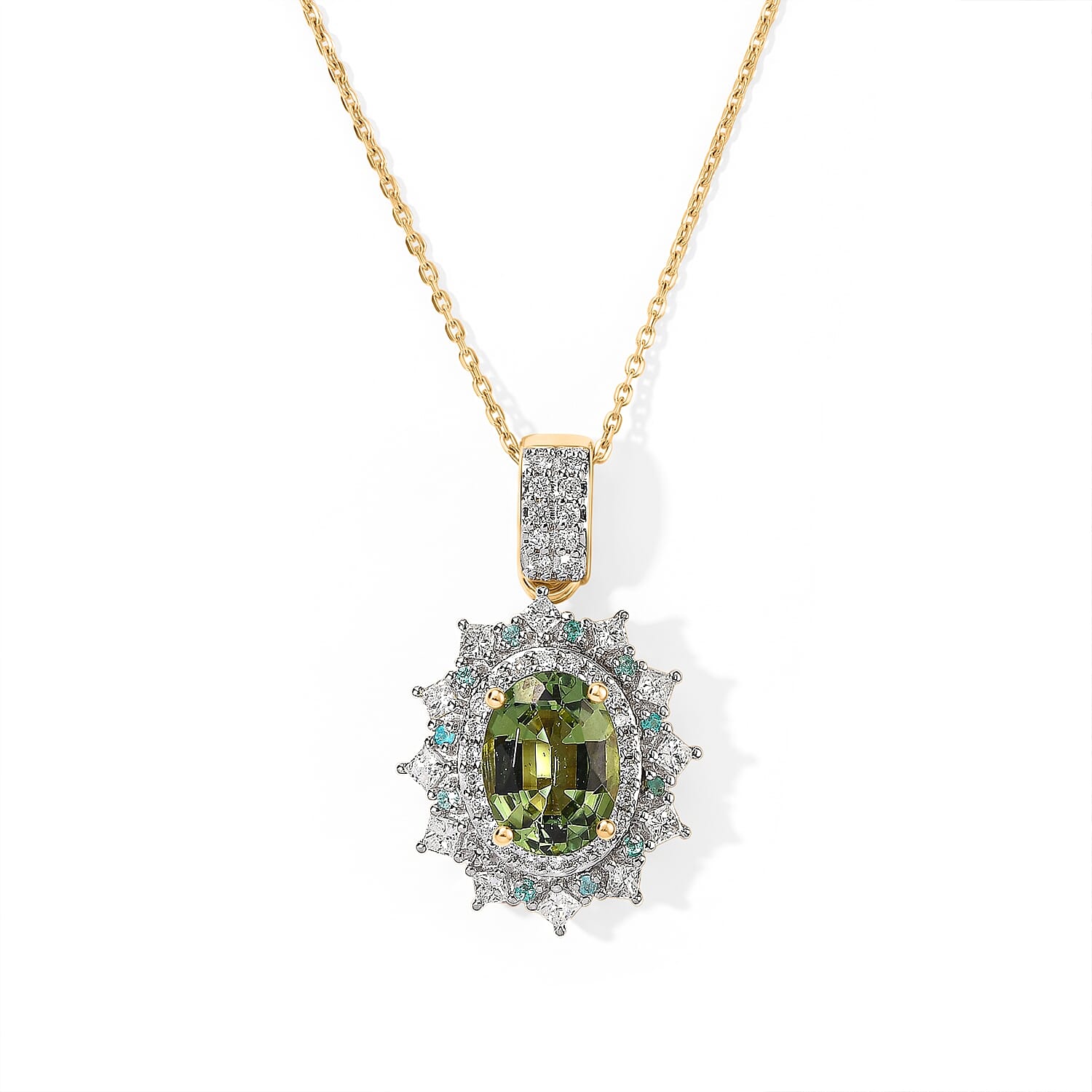 Luxoro 10K Yellow Gold AAA Sapo Green Tourmaline, Paraiba Tourmaline and Diamond (I2) (0.50 cts) Pendant Necklace (20 Inches) 1.80 ctw