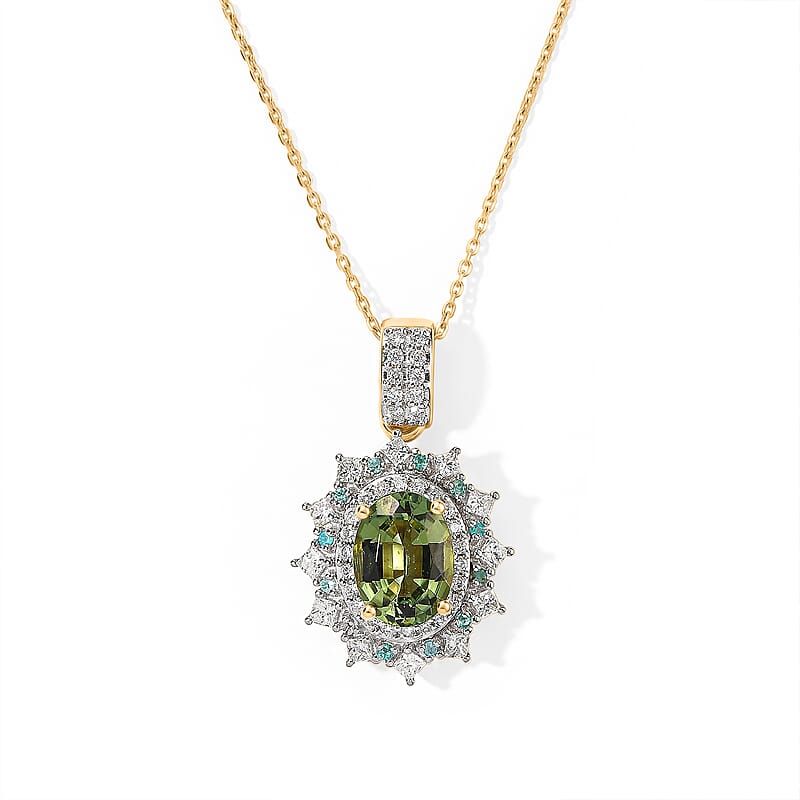 Luxoro AAA Sapo Green Tourmaline, Paraiba Tourmaline and Diamond I2 1.80 ctw Pendant Necklace in 10K Yellow Gold 20 Inches
