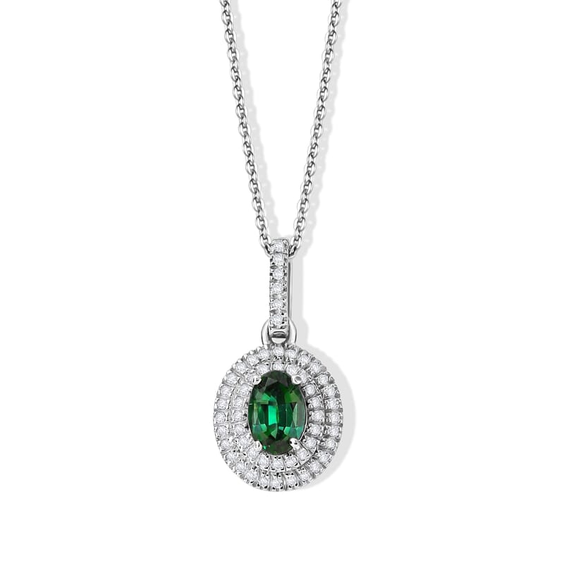 D'Joy AAA Sapo Green Tourmaline and Moissanite 0.90 ctw Double Halo Pendant Necklace in Rhodium Over Sterling Silver 20 Inches