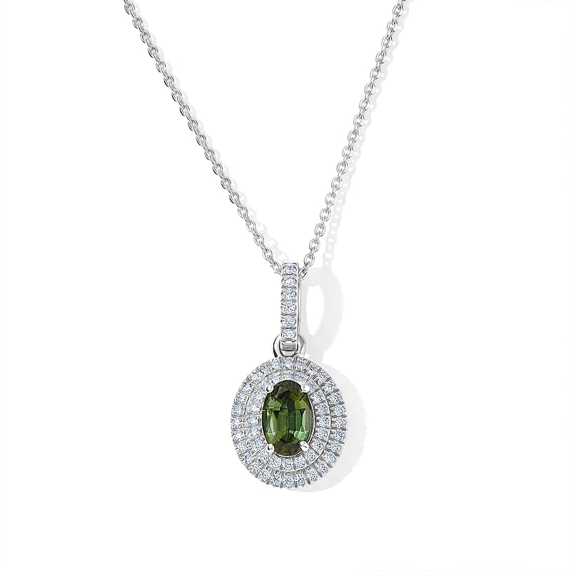 D'Joy AAA Sapo Green Tourmaline and Moissanite 0.90 ctw Pendant Necklace in Rhodium Over Sterling Silver 20 Inches