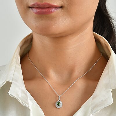 D'Joy AAA Sapo Green Tourmaline and Moissanite 0.90 ctw Pendant Necklace in Rhodium Over Sterling Silver 20 Inches